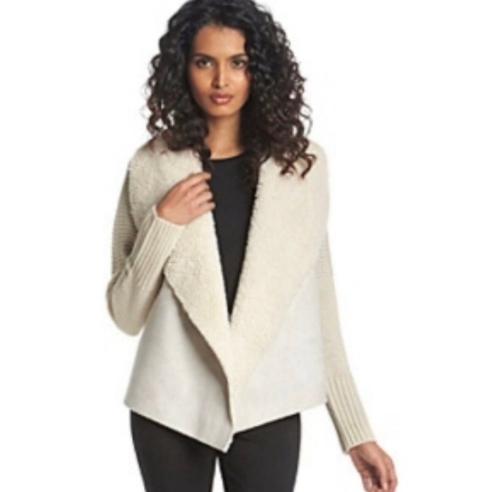 Chelsea & Theodore cream suede and faux fur cardigan sweater NWT size M